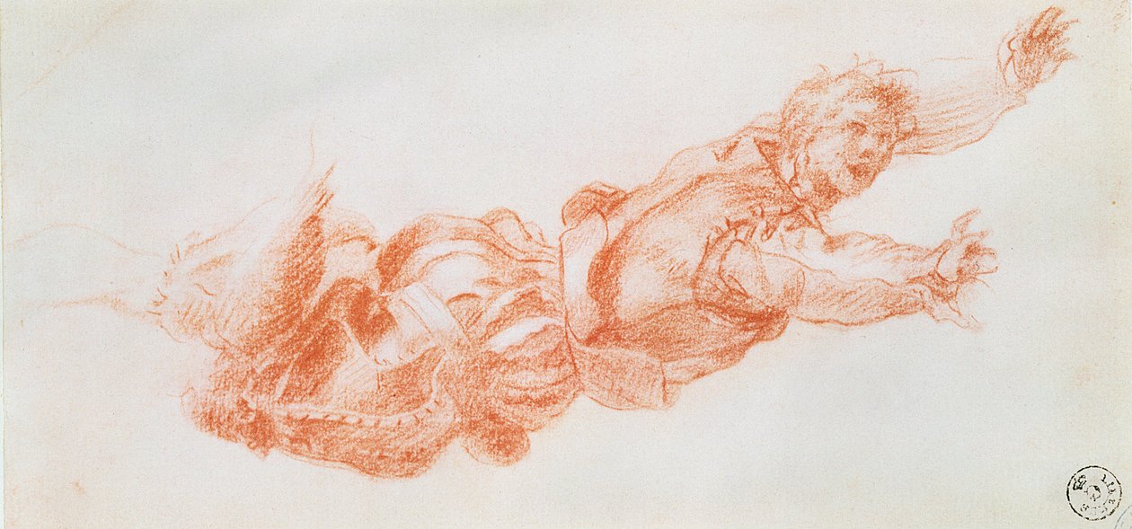 Studie muže zavěšeného za pravou nohu (křída na papíře) od Andrea del Sarto