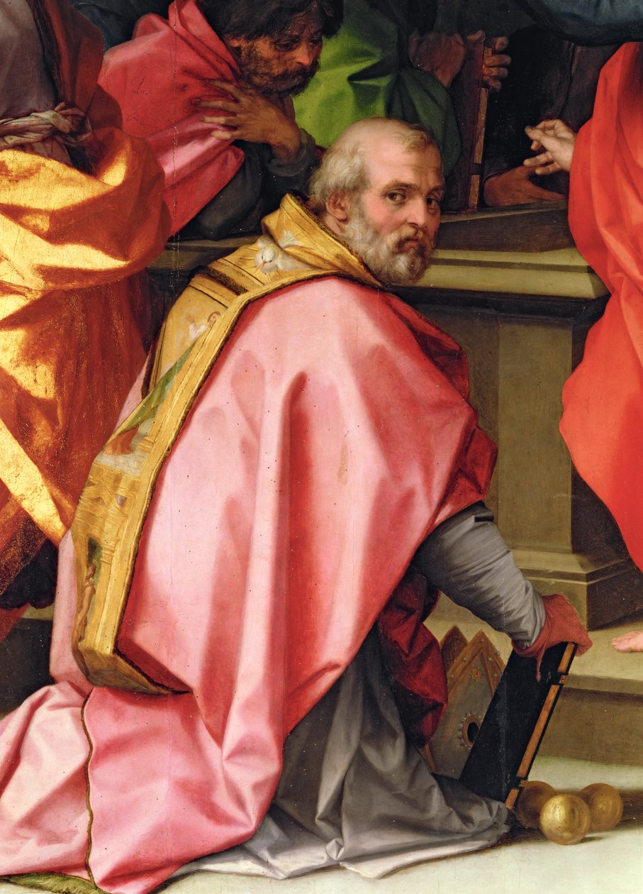 Nanebevzetí Panny Marie, detail zobrazující svatého Mikuláše z Myry se 3 zlatými koulemi (oltářní obraz) od Andrea del Sarto