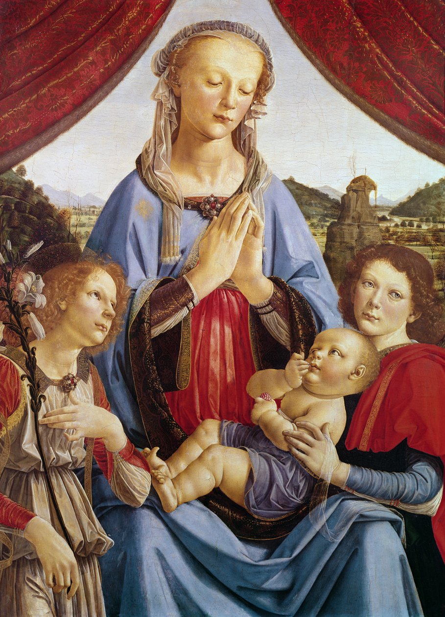 Panna a dítě se dvěma anděly, kolem 1470 (vaječná tempera na dřevě) od Andrea del Verrocchio