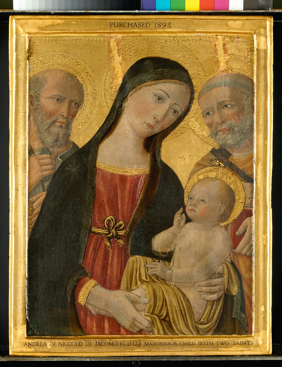 Panna a dítě mezi sv. Jeronýmem a sv. Petrem, cca 1500 (tempera se zlatem na panelu) od Niccolo di Giacomo