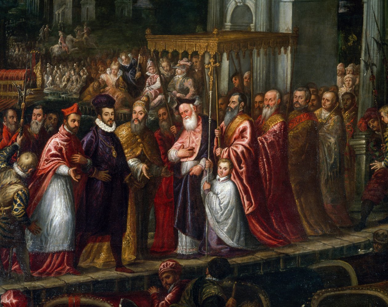 Doge Mocenigo a patriarcha Trevisan vítají Jindřicha III. na Lidu v roce 1574 od Andrea Vicentino
