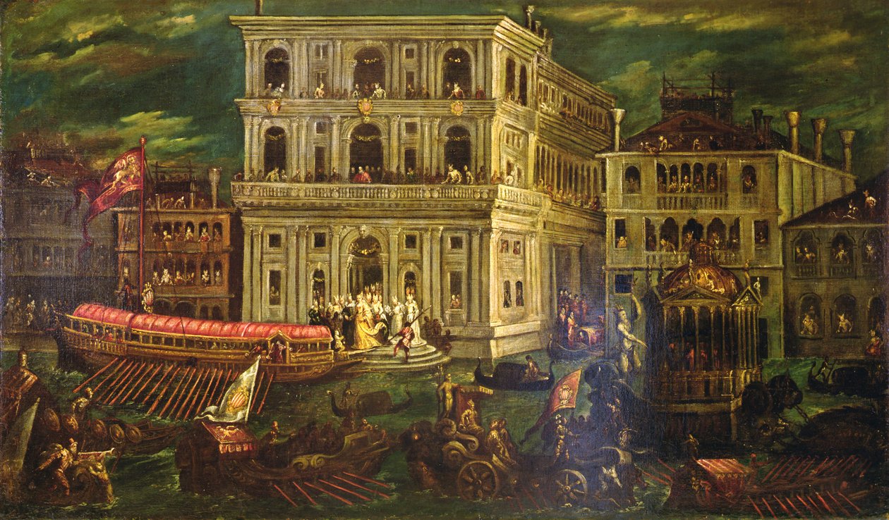 Nalodění Dogaressa Morosina Morosini Grimani 4. května 1597, Benátky, kolem 1600 (olej na plátně) od Andrea Vicentino
