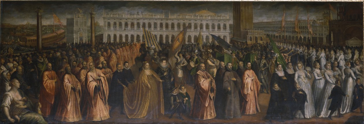 Dogaressa Marina Morosini-Grimani opouštějící Palazzo Grimani na svou korunovaci v Palazzo Ducale v Benátkách od Andrea Vicentino