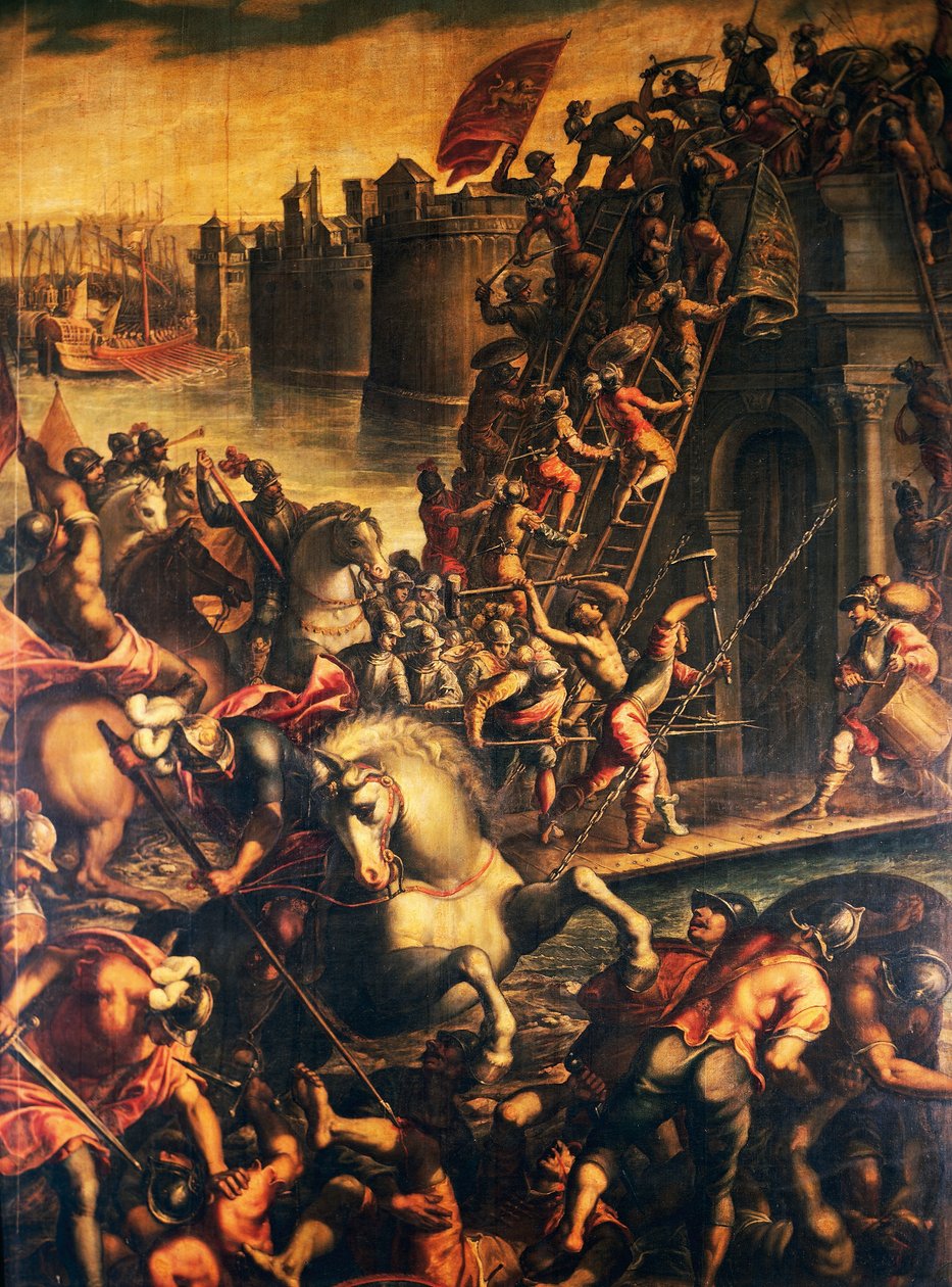 Benátský dóže Enrico Dandolo a jeho křižáci zaútočili na město Zadar v roce 1202, olej na plátně Andrea Michieli (kolem 1542-cca 1617), čtvrtá křížová výprava, Chorvatsko od Andrea (c.1542 c.1617) Michieli