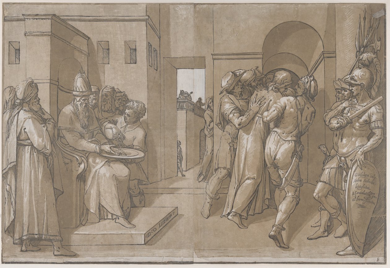 Kristus je odváděn pryč, vojáci stojí na pravé straně listu, 1585. od Andrea Andreani