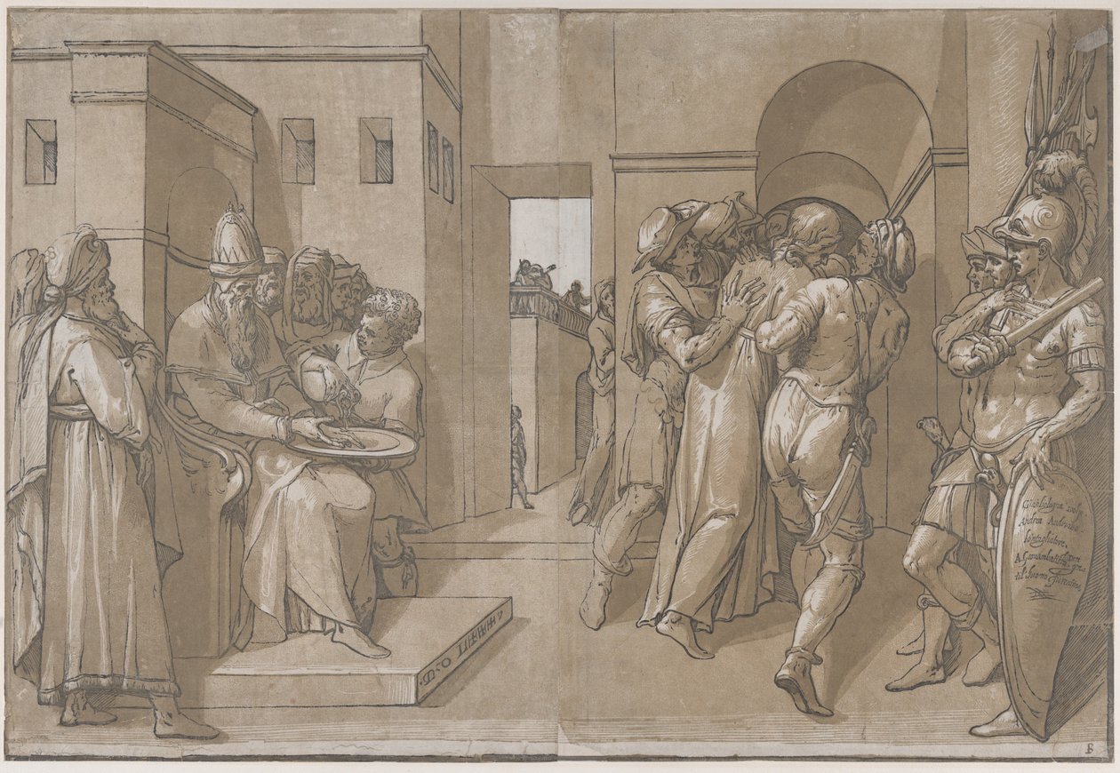 Pilát vlevo si myje ruce na levé straně prostěradla, 1585. od Andrea Andreani