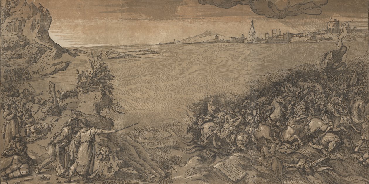 Přechod přes Rudé moře, Mojžíš stojí vlevo a ukazuje na ponořenou armádu..., 1589. od Andrea Andreani
