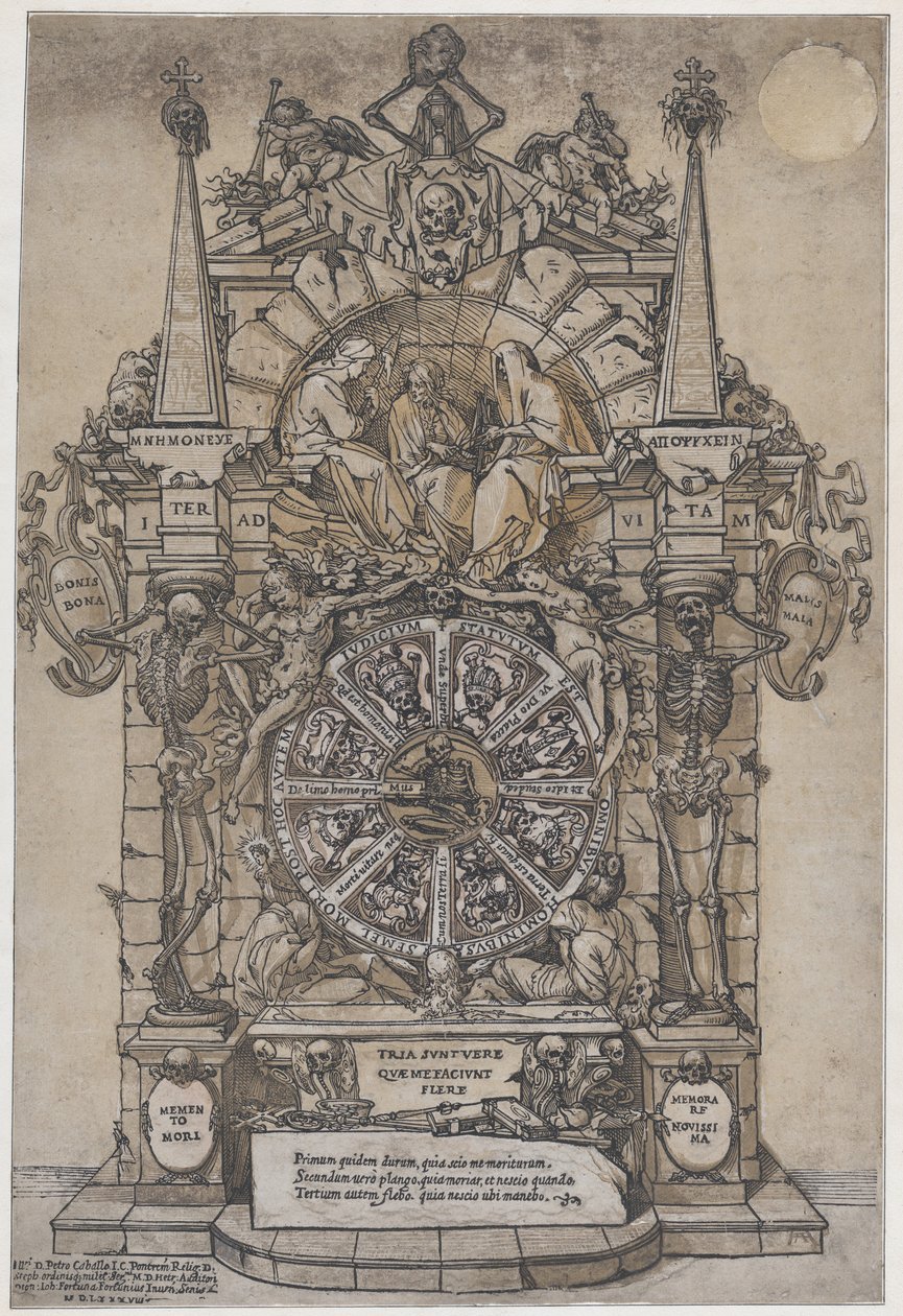 Triumf smrti se třemi osudy v architektonickém rámu nad bokem kola štěstí..., 1588. od Andrea Andreani