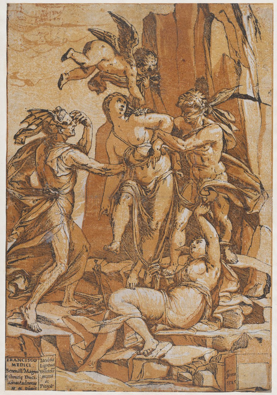 Ctnost jako mladá žena uprostřed čtyř postav představujících lásku, omyl, nevědomost..., 1585. od Andrea Andreani