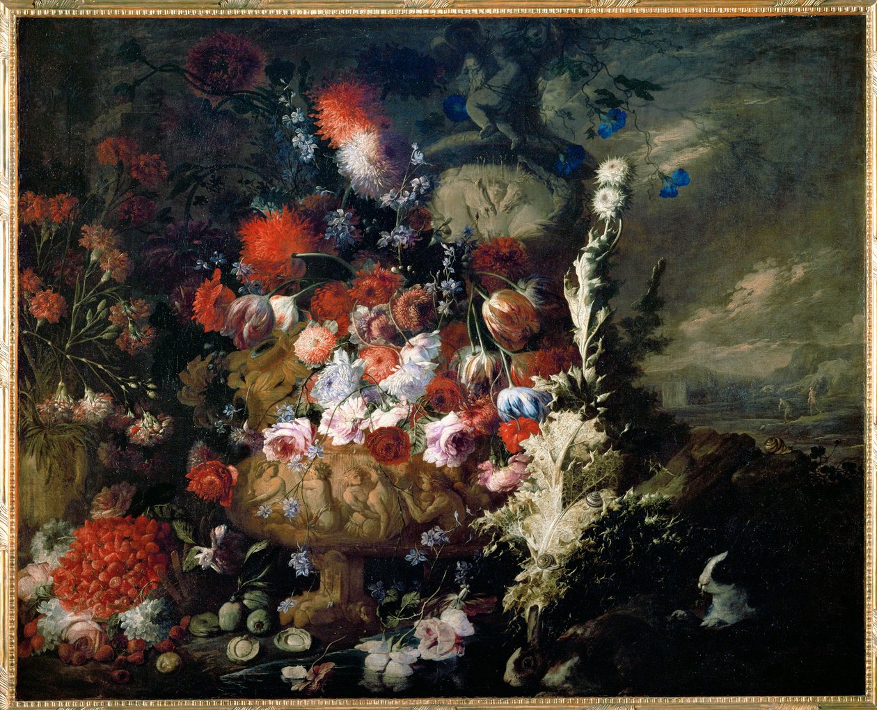 Váza s květinami a ovocem v krajině - Vase de fleurs et fruits dans un paysage ... od Andrea Belvedere