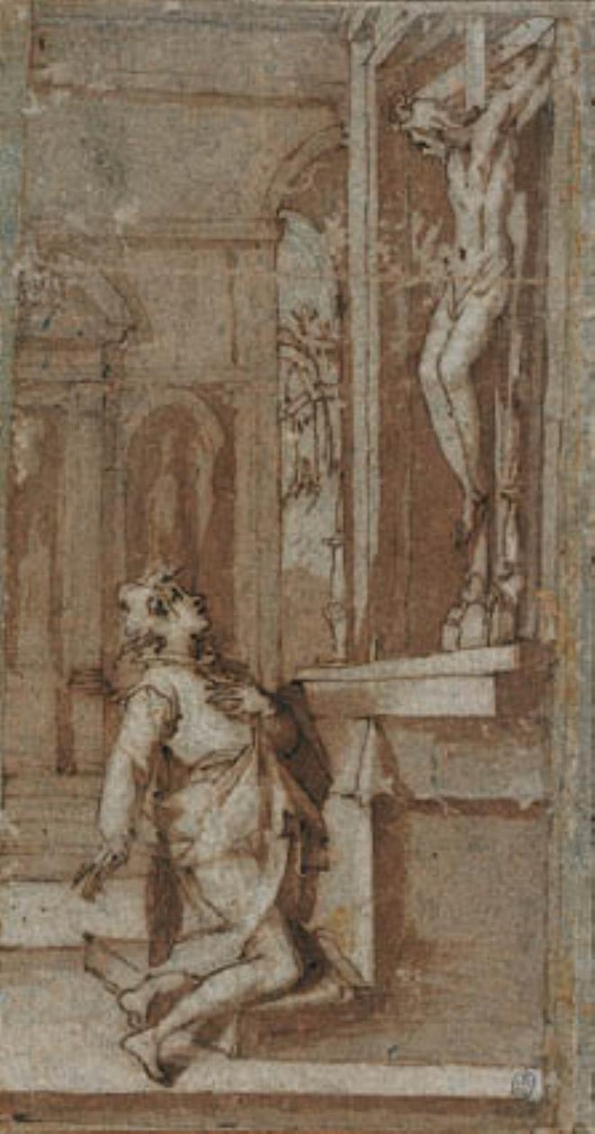 Kristus na krucifixu v San Miniato naklání hlavu k svatému Janu Gualbertovi od Andrea Boscoli