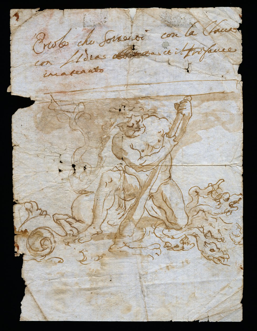 Návrhová skica pro stojan na vázy, základna zobrazující Herkula s Hydrou a Cerberem, Andrea Brustolon (1662-1732), akvarelové pero na bílém papíře, Itálie od Andrea Brustolon
