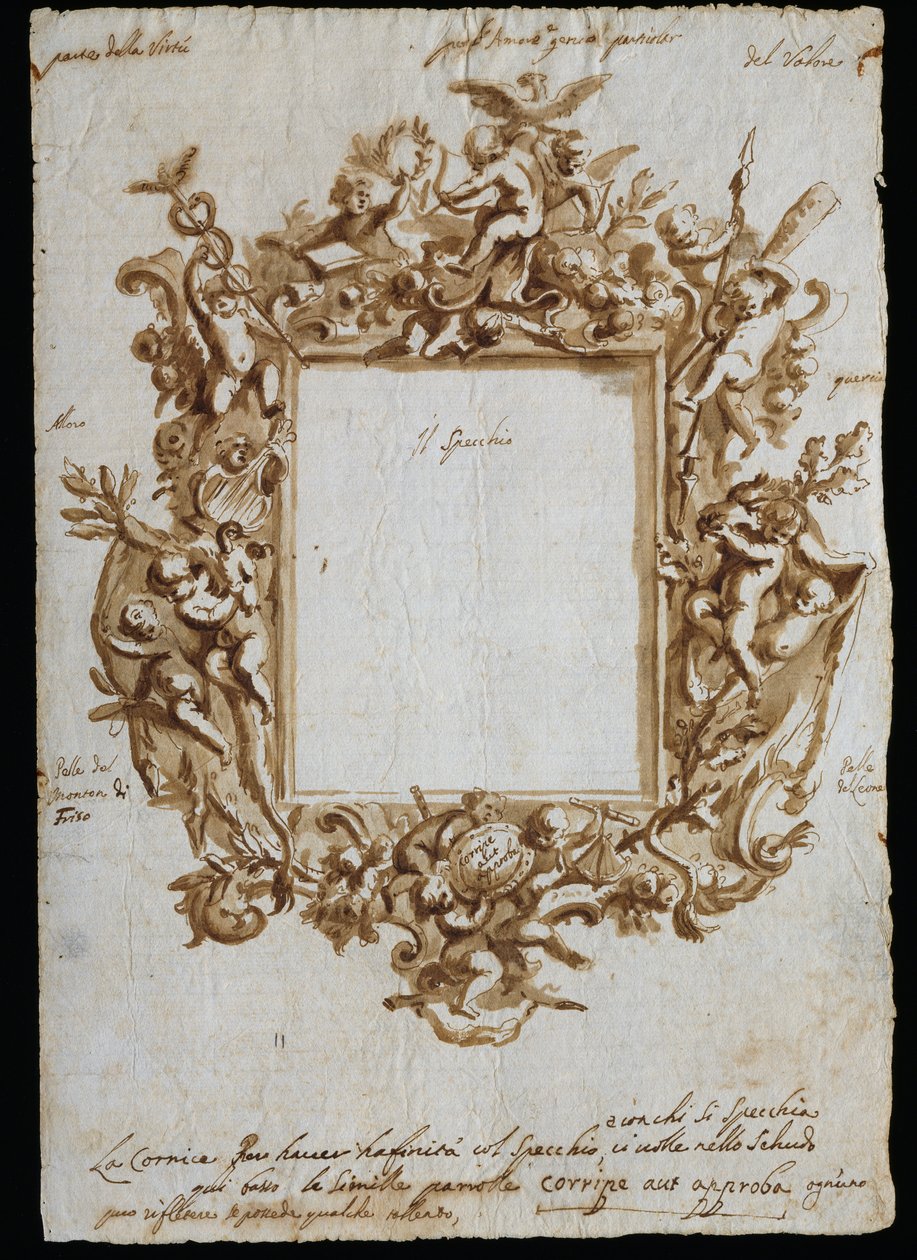 Ortogonální kresba pro alegorický rám, cca 1700, Andrea Brustolon (1662-1732), akvarelové pero na bílém papíře, Itálie od Andrea Brustolon