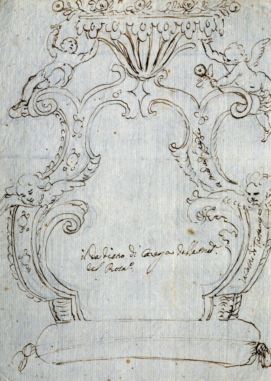 Náčrt opěradla židle, cca 1715, od Andrea Brustolon (1662-1732), tužka a pero na bílém papíře, Itálie od Andrea Brustolon