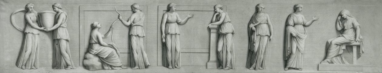 Grisaille panel zobrazující ženské postavy včetně múz od Andrea Casali