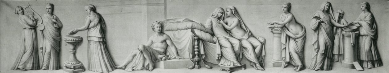 Grisaille panel zobrazující scény založené na svatbě Aldobrandini od Andrea Casali