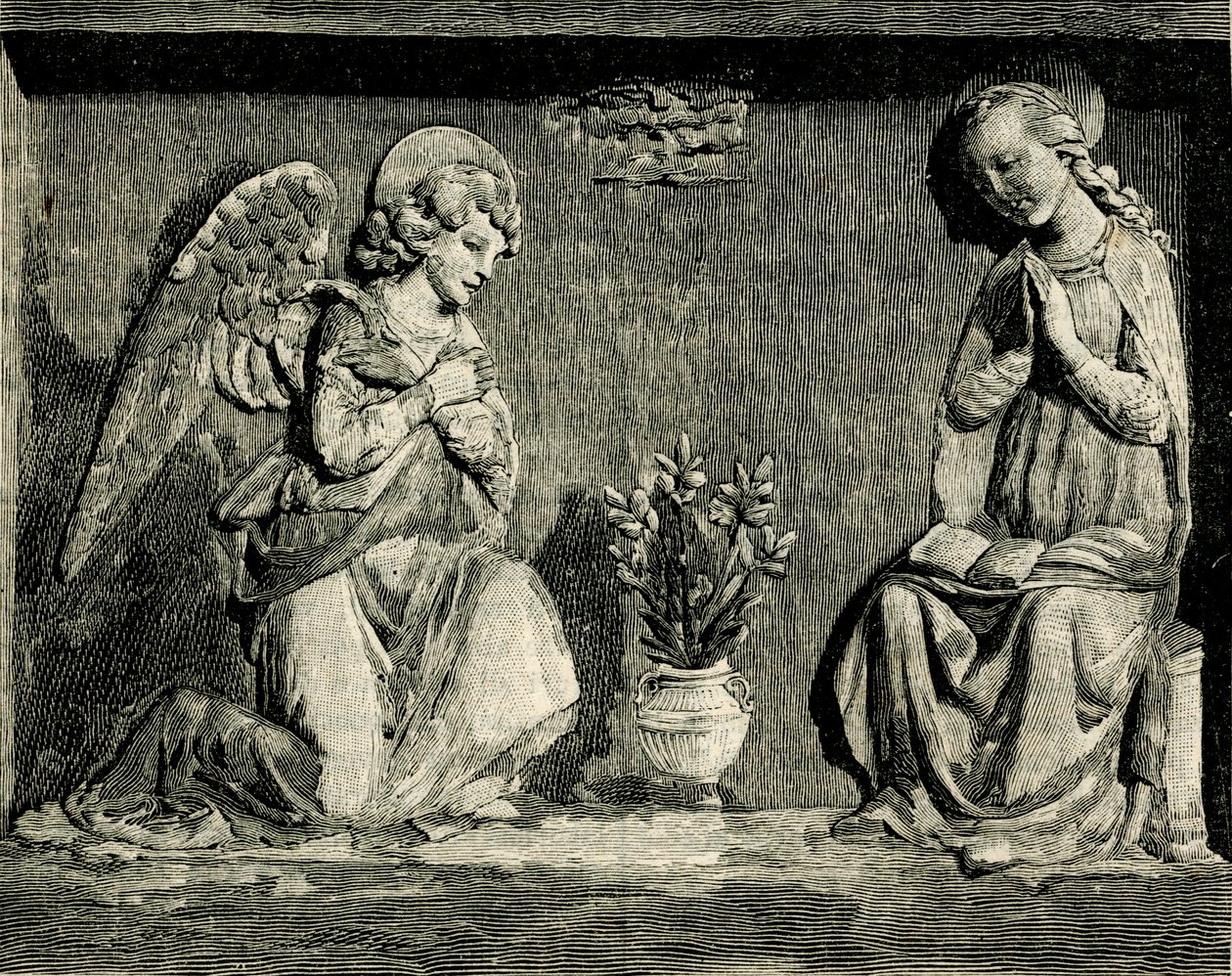 Zvěstování, Andrea Della Robbia (1435-1525 nebo 1528), oratoř Madonna del Buon Consiglio, Prato, Toskánsko, Itálie, dřevoryt z Le cento citta d