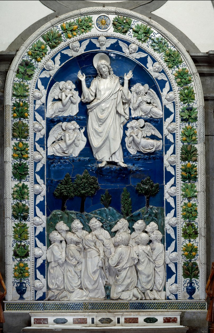Nanebevstoupení Ježíše do nebe s Pannou Marií a jedenácti Apoly Nízký keramický reliéf od Andrea della Robbia (1435-1525) kolem 1490 Rozm. 475 x 305 cm Santuario della Verna, Itálie od Andrea Della Robbia