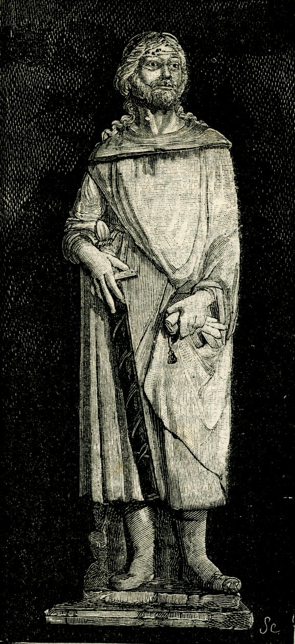 Julian the Hospitaller, socha Andrea Della Robbia (1435-1525 nebo 1528), oratoř Madonna del Buon Consiglio, Prato, Toskánsko, Itálie, dřevoryt z Le cento citta d
