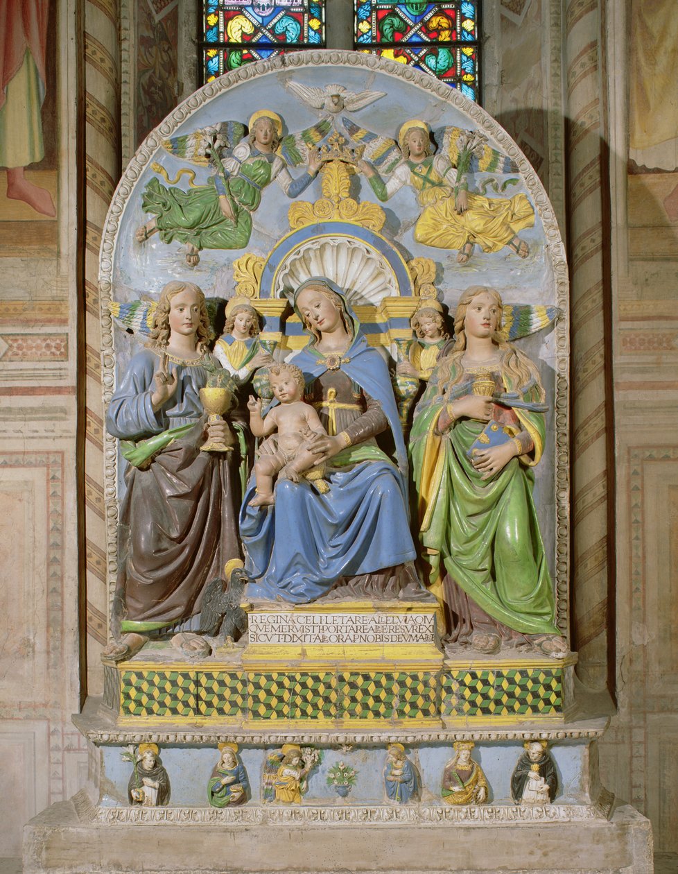 Madona s dítětem na trůnu, oltář v Medicejské kapli (cínová glazovaná kamenina) od Andrea Della Robbia