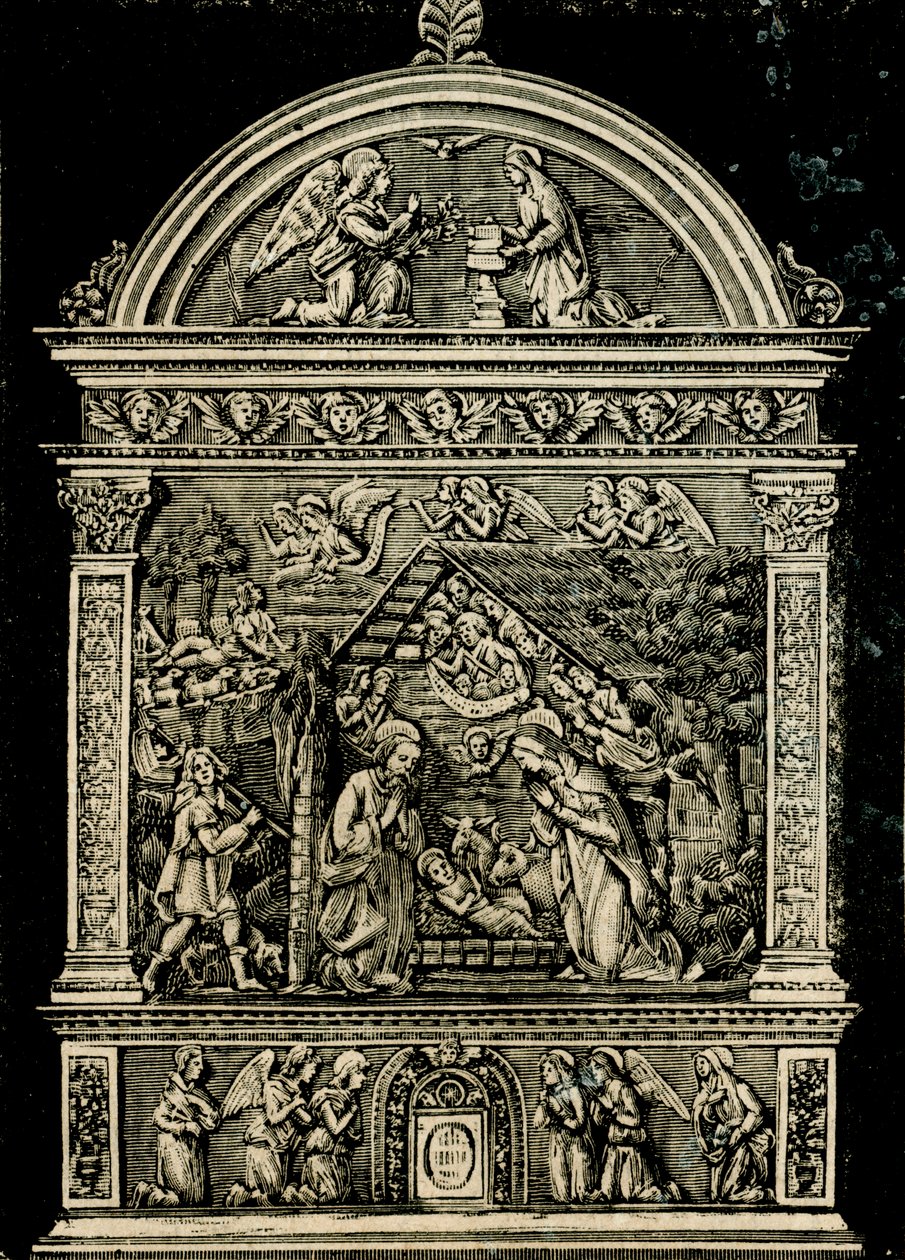 Narození Páně, terakotový oltář od Andrea della Robbia, z kostela Saint Clare, Občanské muzeum Sansepolcro, Toskánsko, Itálie, dřevoryt z Le cento citta d