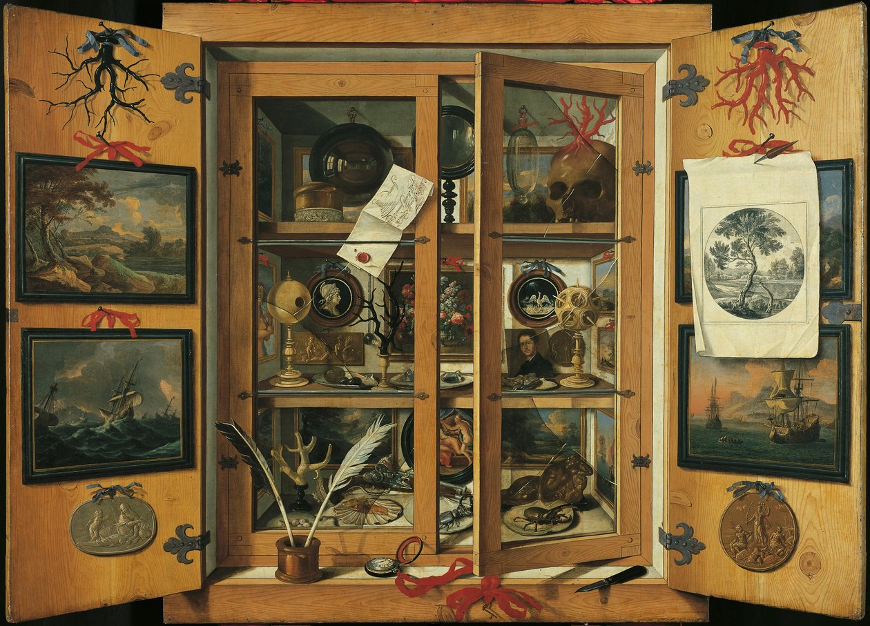 Kabinet kuriozit (se skleněnými dveřmi) s různými předměty, od Andrea Dominico Remps (1621-1699). od Andrea Domenico Remps