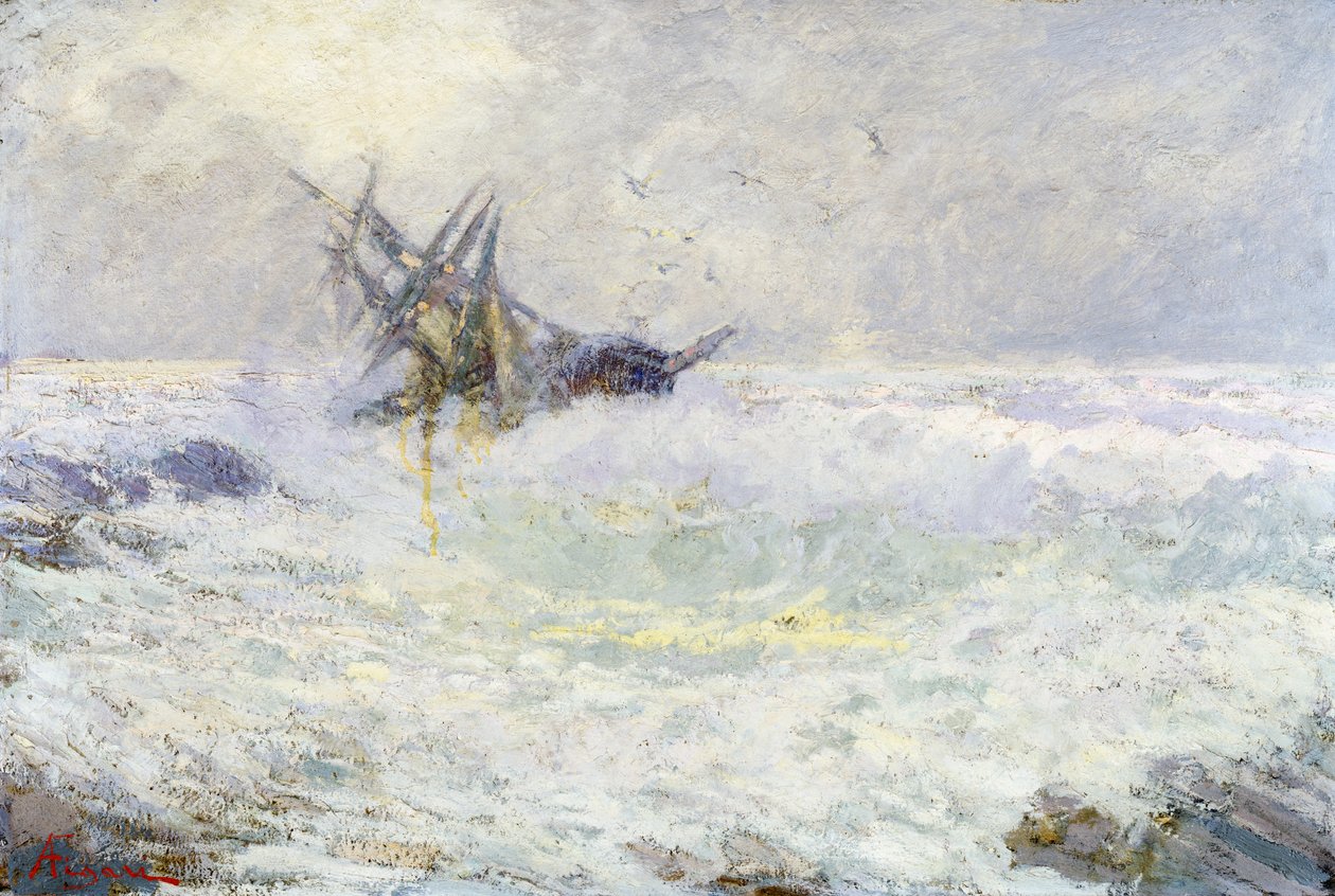 Bouřlivé moře aneb Poslední polibek, Andrea Figari (1858-1954), olej na kartonu, 72x105 cm. Itálie od Andrea Figari