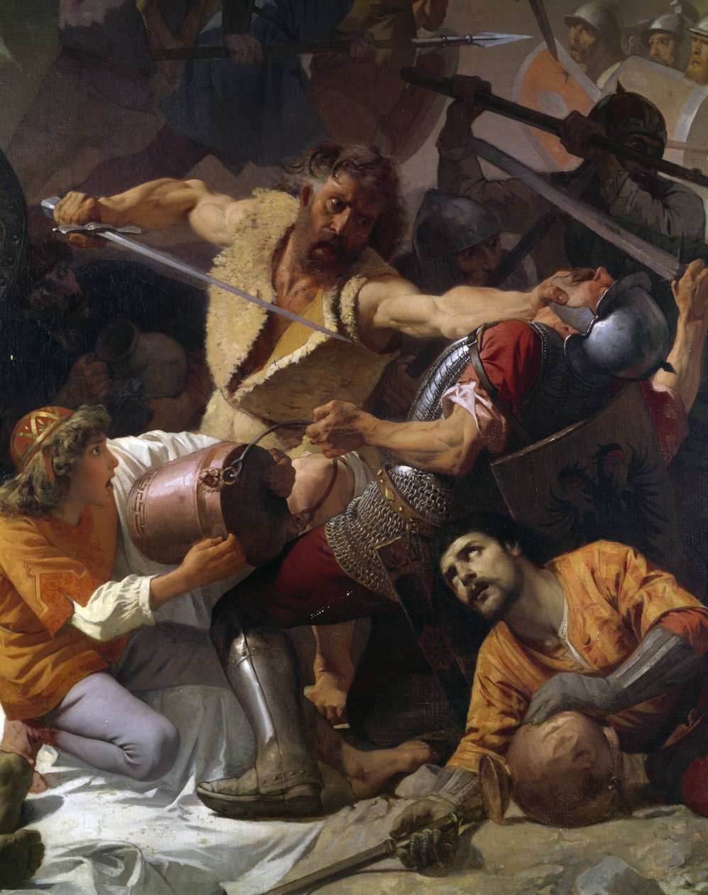 Střet mezi občany Tortony a císařskou armádou, detail ze Stálosti Tortony nebo Žízeň Tortony od Andrea Gastaldi