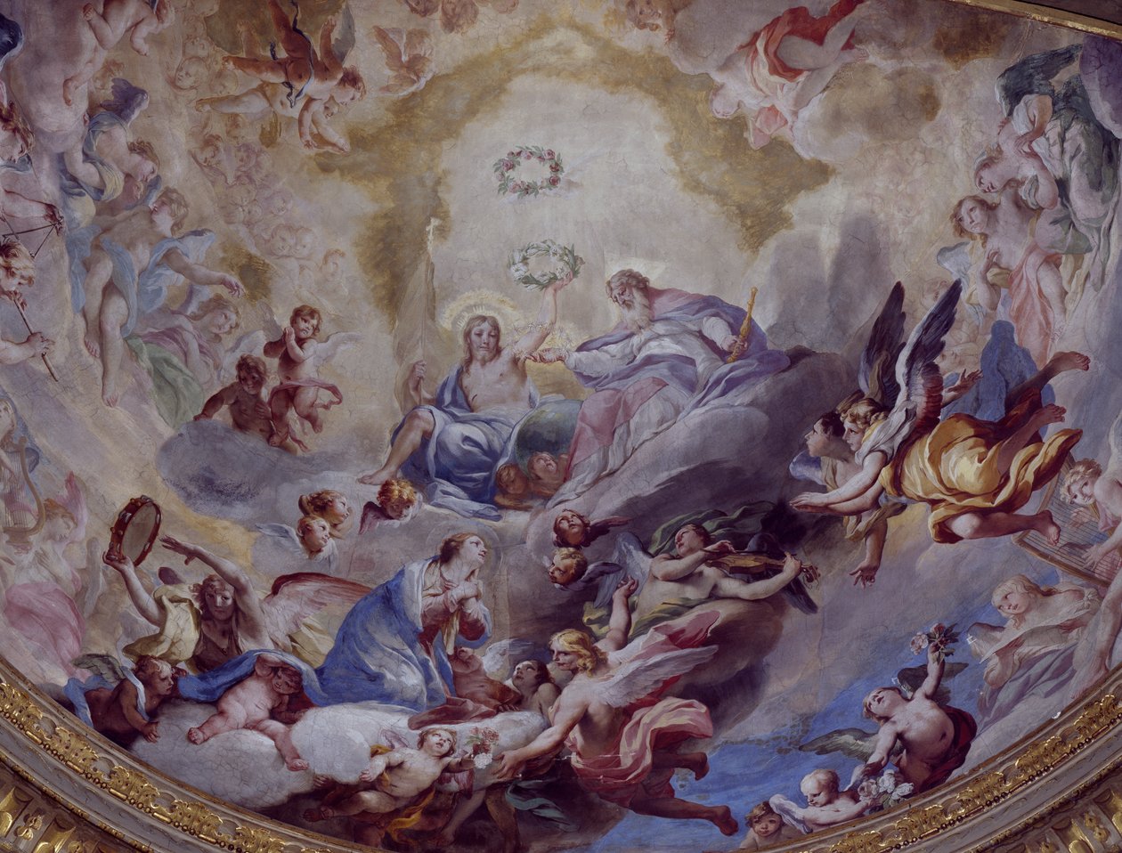 Korunovace Panny Marie, freska namalovaná v roce 1699 Andrea Lanzani (1641-1712) ze sboru Sanctuary Of Incoronata, Lodi. Itálie od Andrea Lanzani