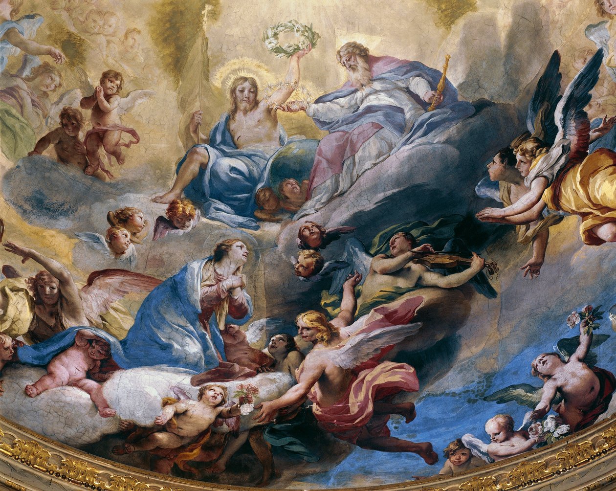 Korunovace Panny Marie, freska namalovaná v roce 1699 Andrea Lanzani (1641-1712) ve sboru Sanctuary Of Incoronata, Lodi. Itálie od Andrea Lanzani