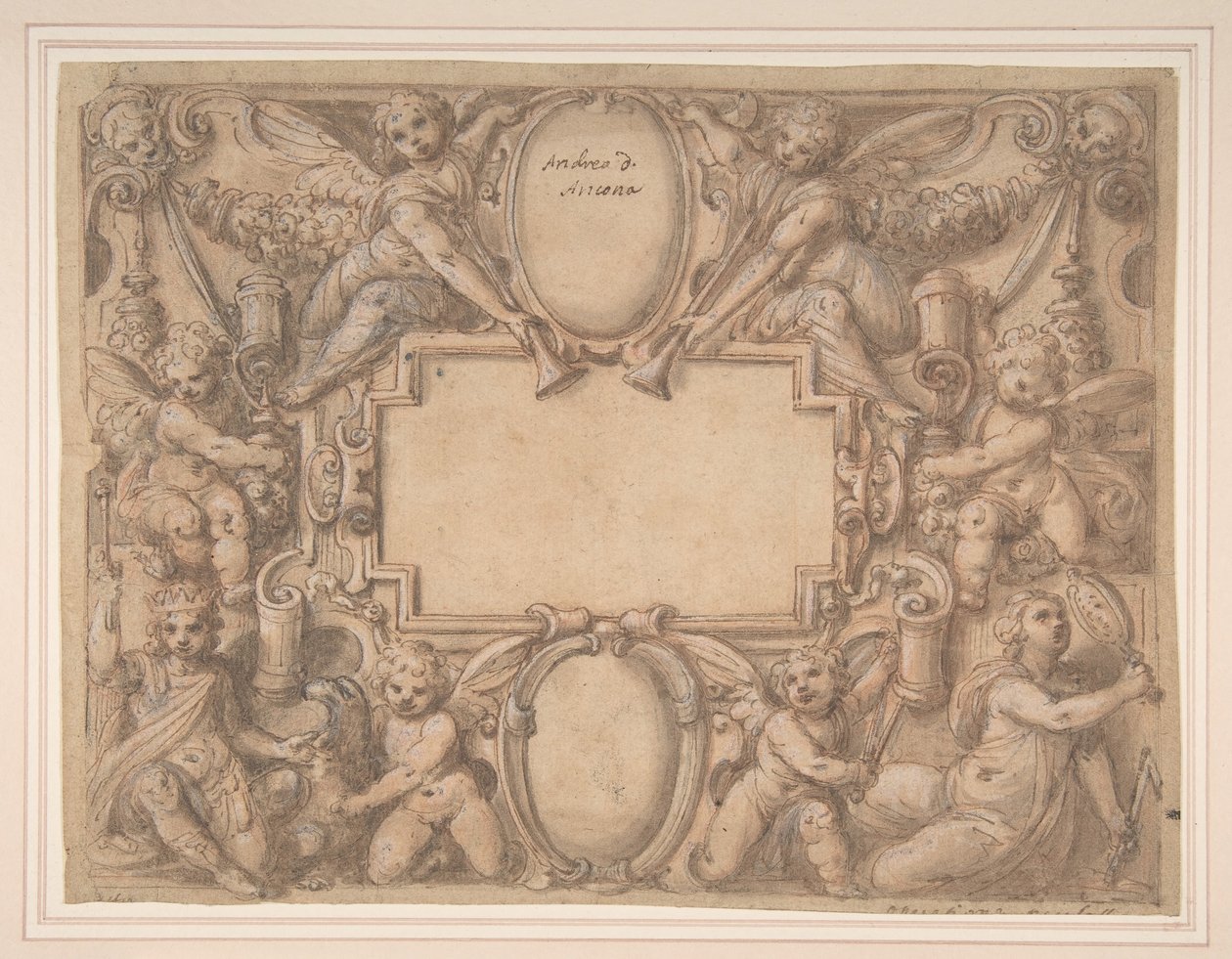 Kartuše a dva štíty obklopené alegorickými figurami., 1570-1631. od Andrea Lilli