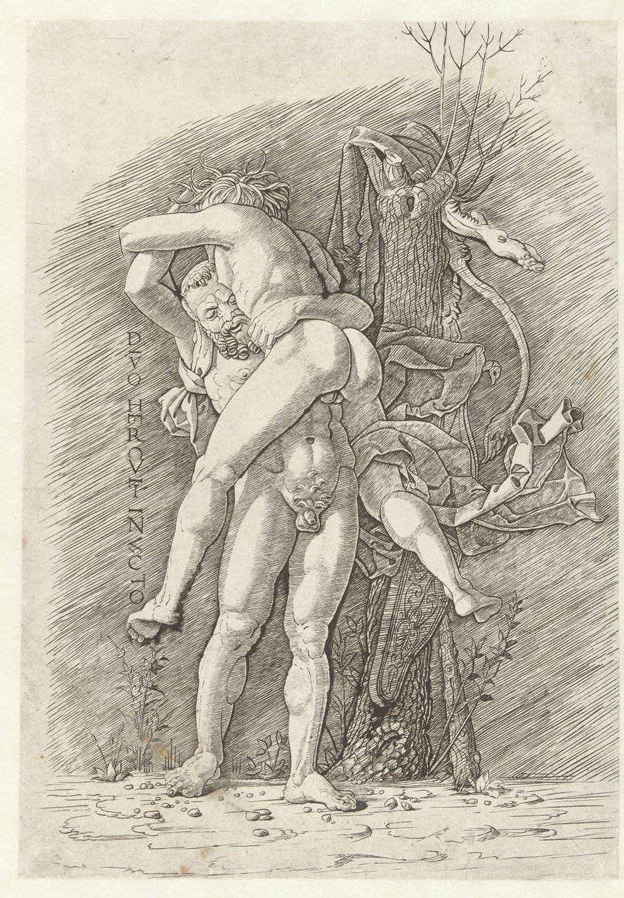 Herkules a Antaeus Nepřemožitelný bůh Herkules (titul na předmětu) od Andrea Mantegna (school of)
