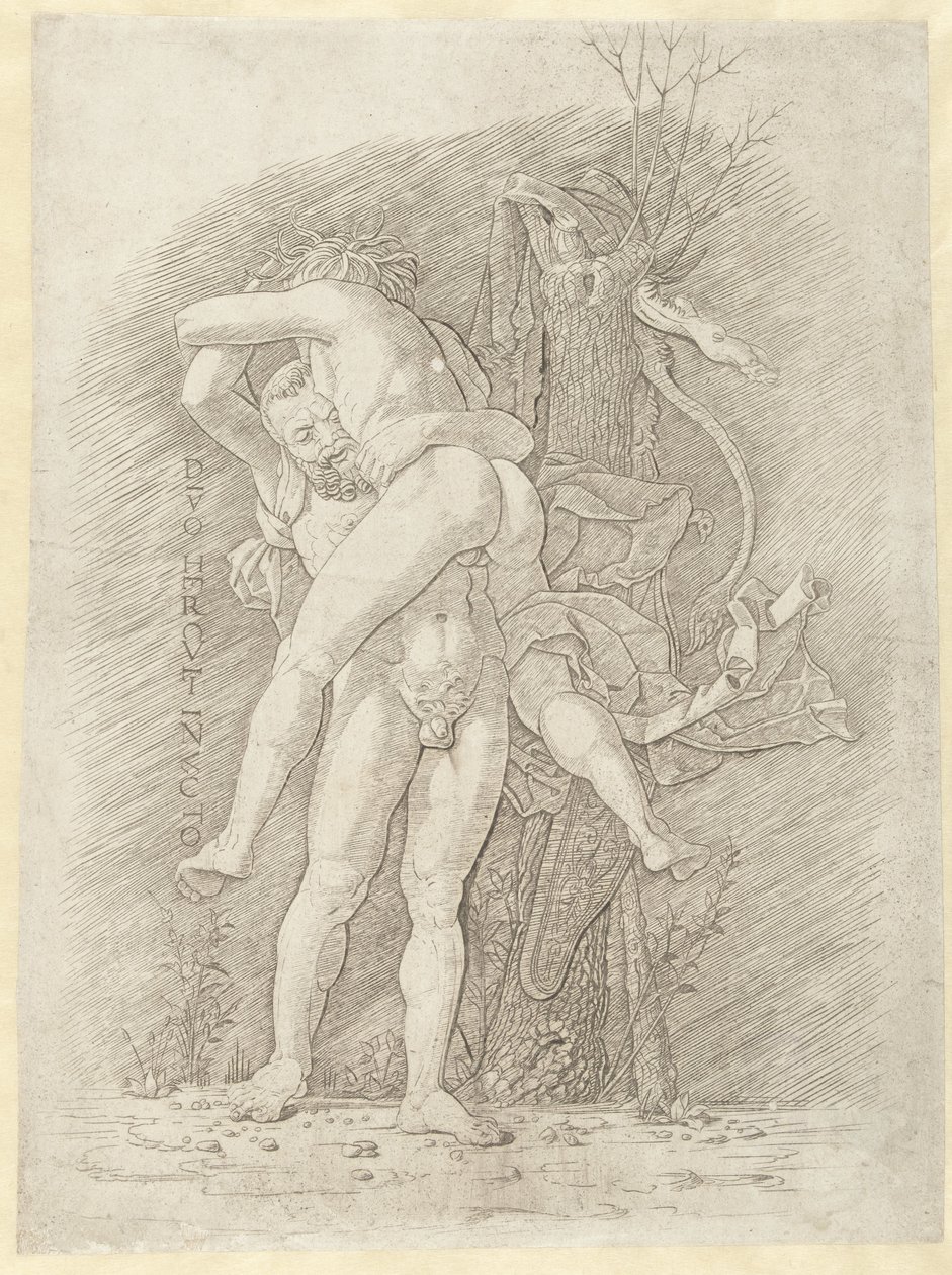 Herkules a Antaeus Nepřemožitelný bůh Herkules (titul na předmětu) od Andrea Mantegna (school of)