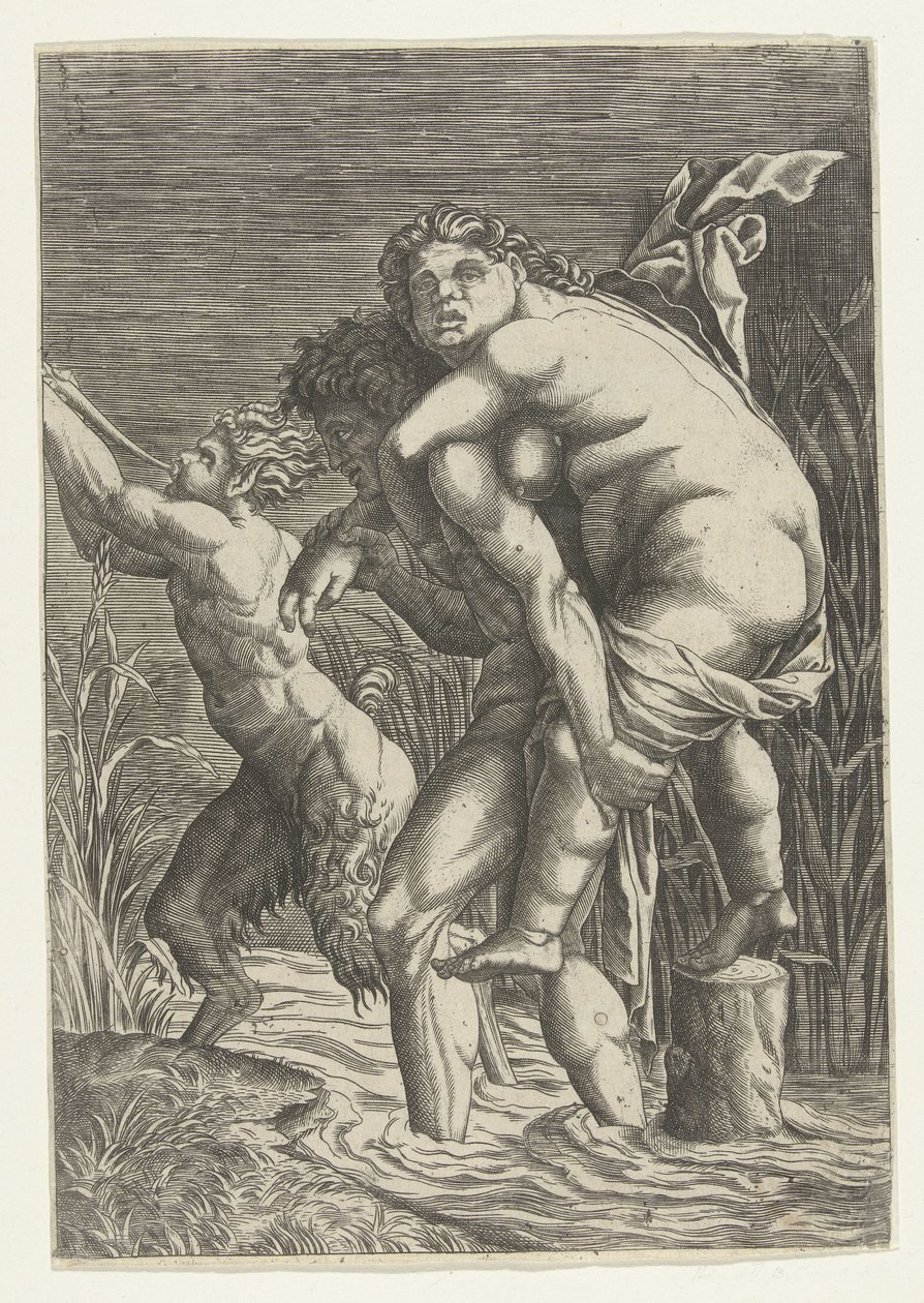 Muž nese ženu na zádech a satyra od Andrea Mantegna (school of)