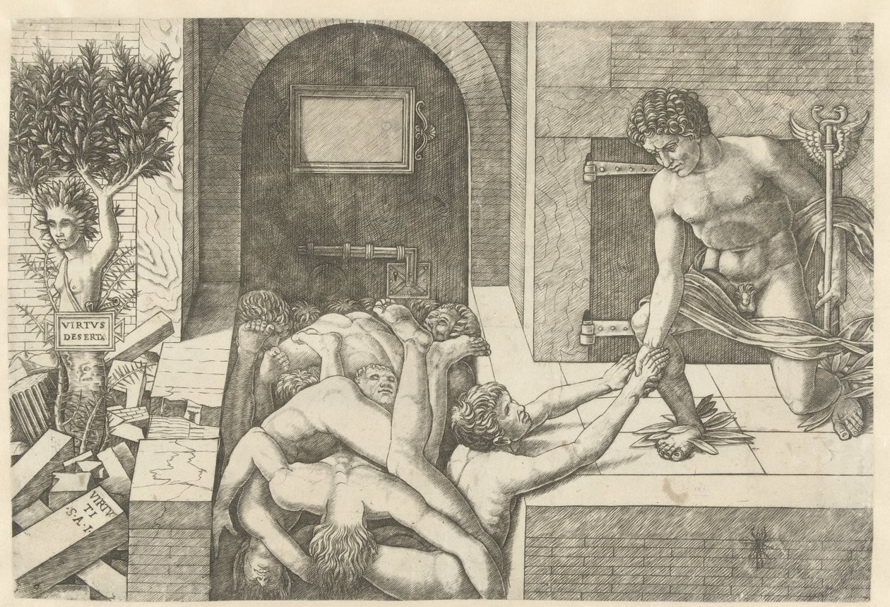 Merkur jako zosobnění Ctnosti zachraňuje duše v Limbu a Daphne se proměňuje ve strom Virtus Deserta (název na objektu) od Andrea Mantegna (school of)