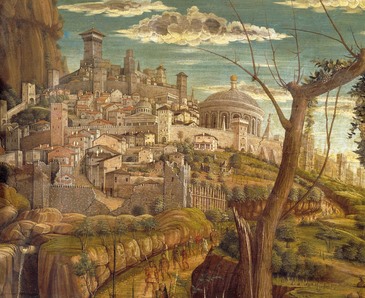 Agónie v zahradě Andrea Mantegna (1431-1506), tempera na dřevě, 71x94 cm, detailní pohled na Jeruzalém od Andrea Mantegna
