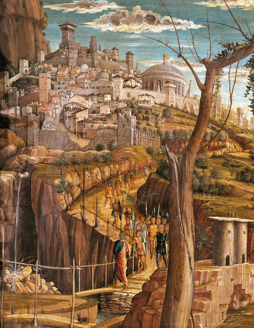 Agónie v zahradě Andrea Mantegna (1431-1506), tempera na dřevě, 71x94 cm, detailní pohled na Jeruzalém od Andrea Mantegna