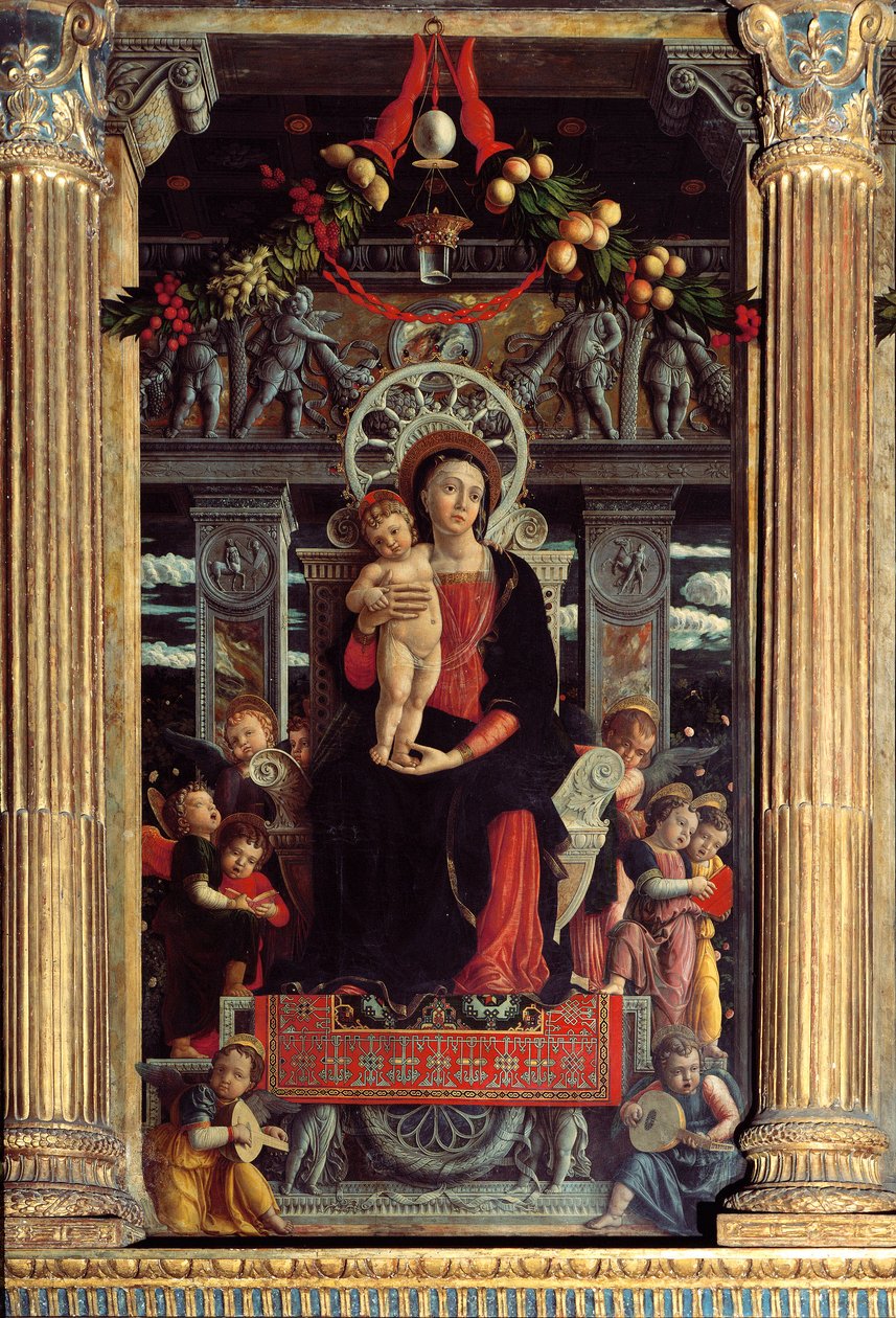 Oltářní obraz san Zeno: centrální panel “”Madona a dítě s devíti anděly”” Obraz Andrea Mantegna (1431-1506) 1457-1459 Verone, Basilica di San Zeno, Itálie od Andrea Mantegna