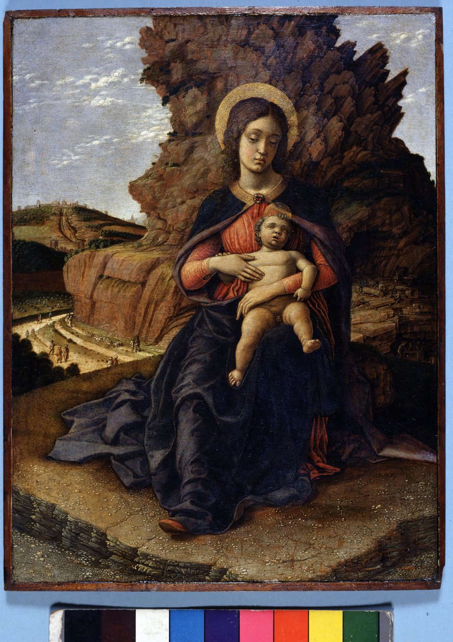 Andrea Mantegna, „Panna z lomů““: Panna a dítě a na pozadí kamenné lomy s dělníky při práci, Galerie Uffizi, Florencie od Andrea Mantegna