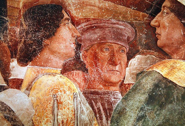 Příjezd kardinála Francesca Gonzagy, detail Mantegny a dvořanů po pravé straně, asi 1465-74 (detail obrazu 78454) od Andrea Mantegna