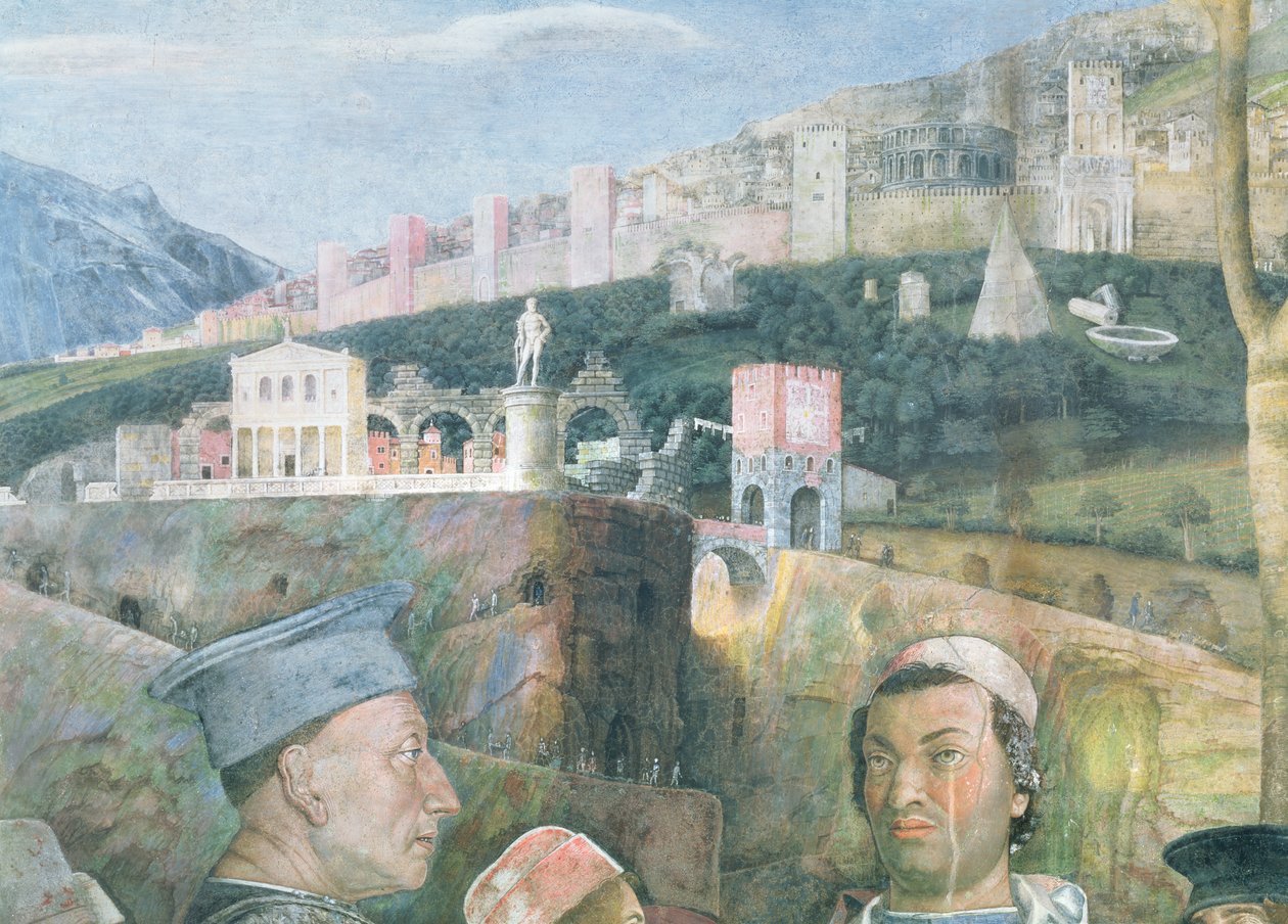 Příjezd kardinála Francesca Gonzagy; detail pozadí zobrazující idealizovaný pohled na Řím, z Camera degli Sposi nebo Camera Picta, 1465-74 detail fresky z 78449 od Andrea Mantegna