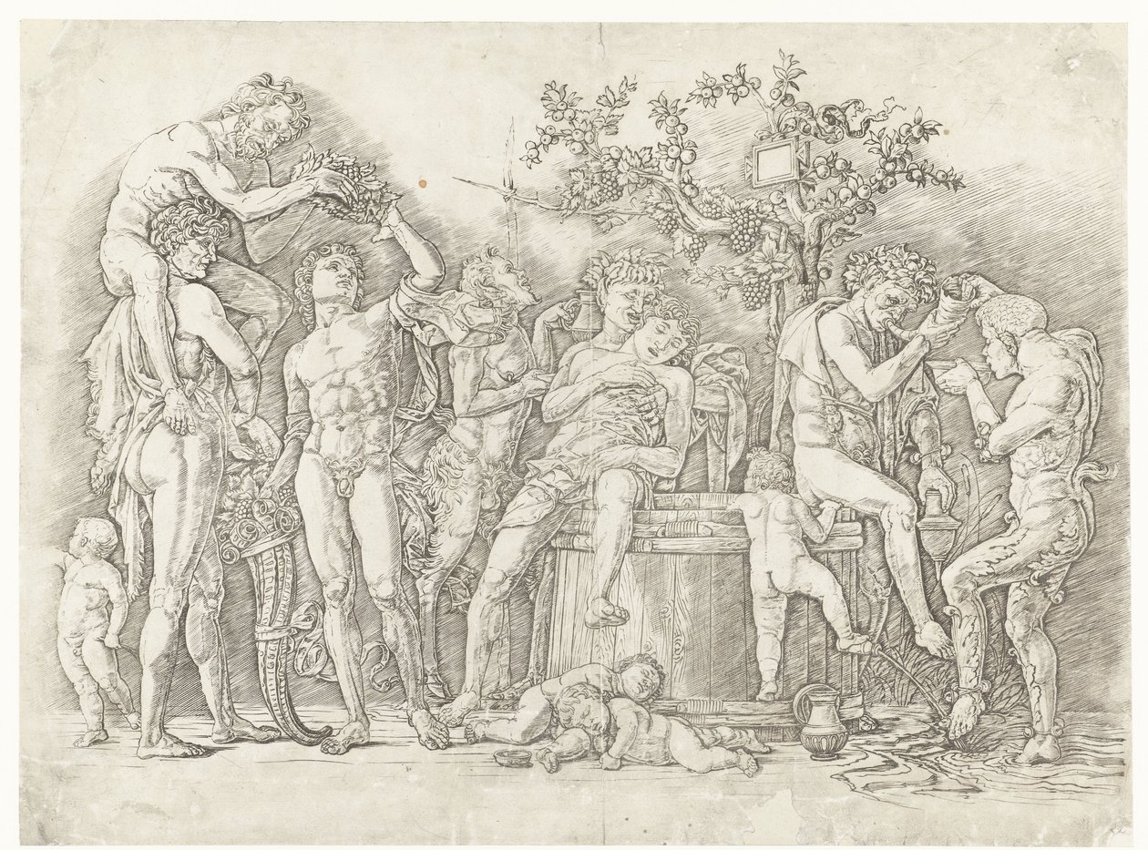 Bacchanal se satyry a bakchanty v lisu od Andrea Mantegna