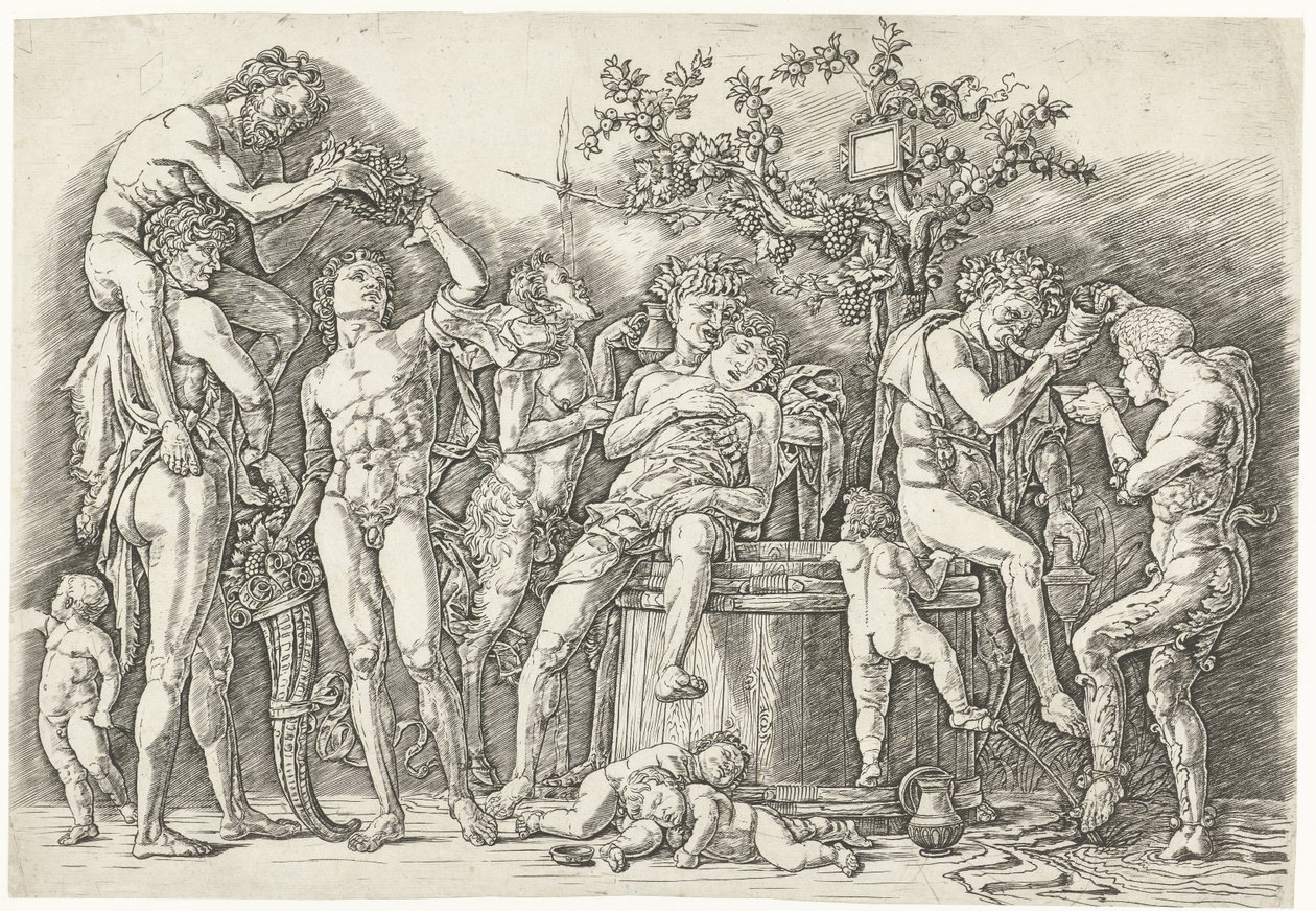 Bacchanal se satyry a bakchanty v lisu od Andrea Mantegna