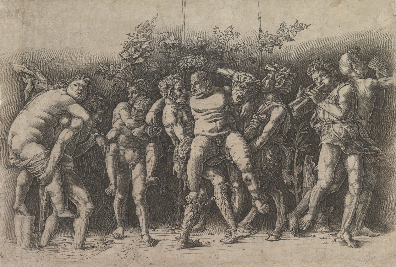 Bakchanal se Silenem, vlysová kompozice s deseti postavami kolem Silena, který je..., počátek 70. let 14. století. od Andrea Mantegna