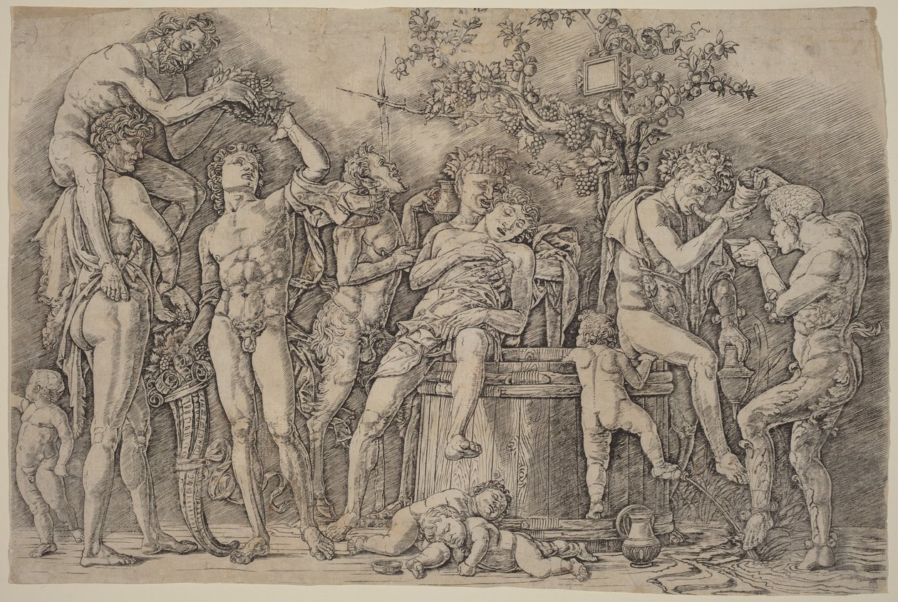 Bakchanálie s kádí na víno od Andrea Mantegna