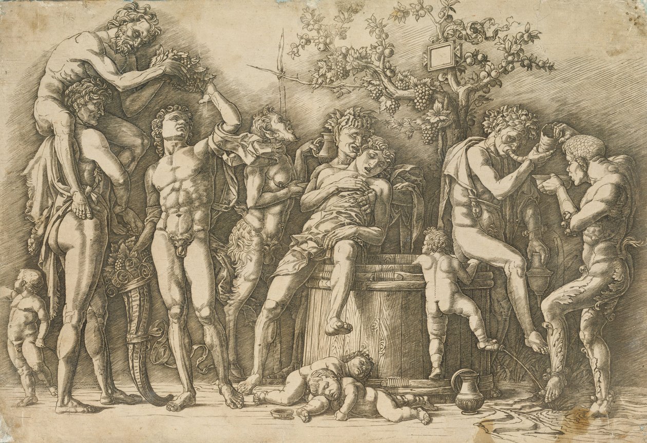 Bacchanal s vinnou kádí, cca 1470-90 (rytina a suchá jehla) od Andrea Mantegna