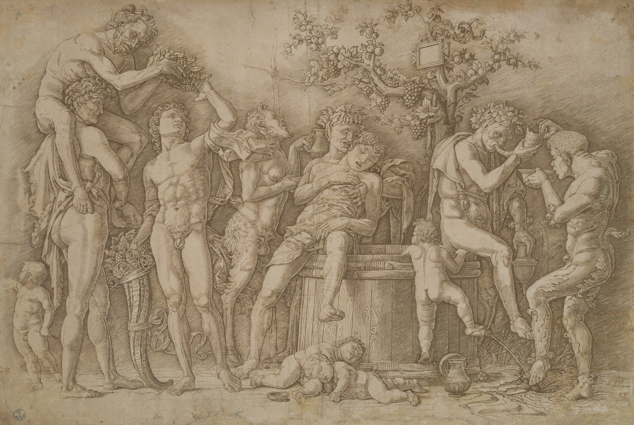 Bakchanal s kádí vína, 1470-90 od Andrea Mantegna