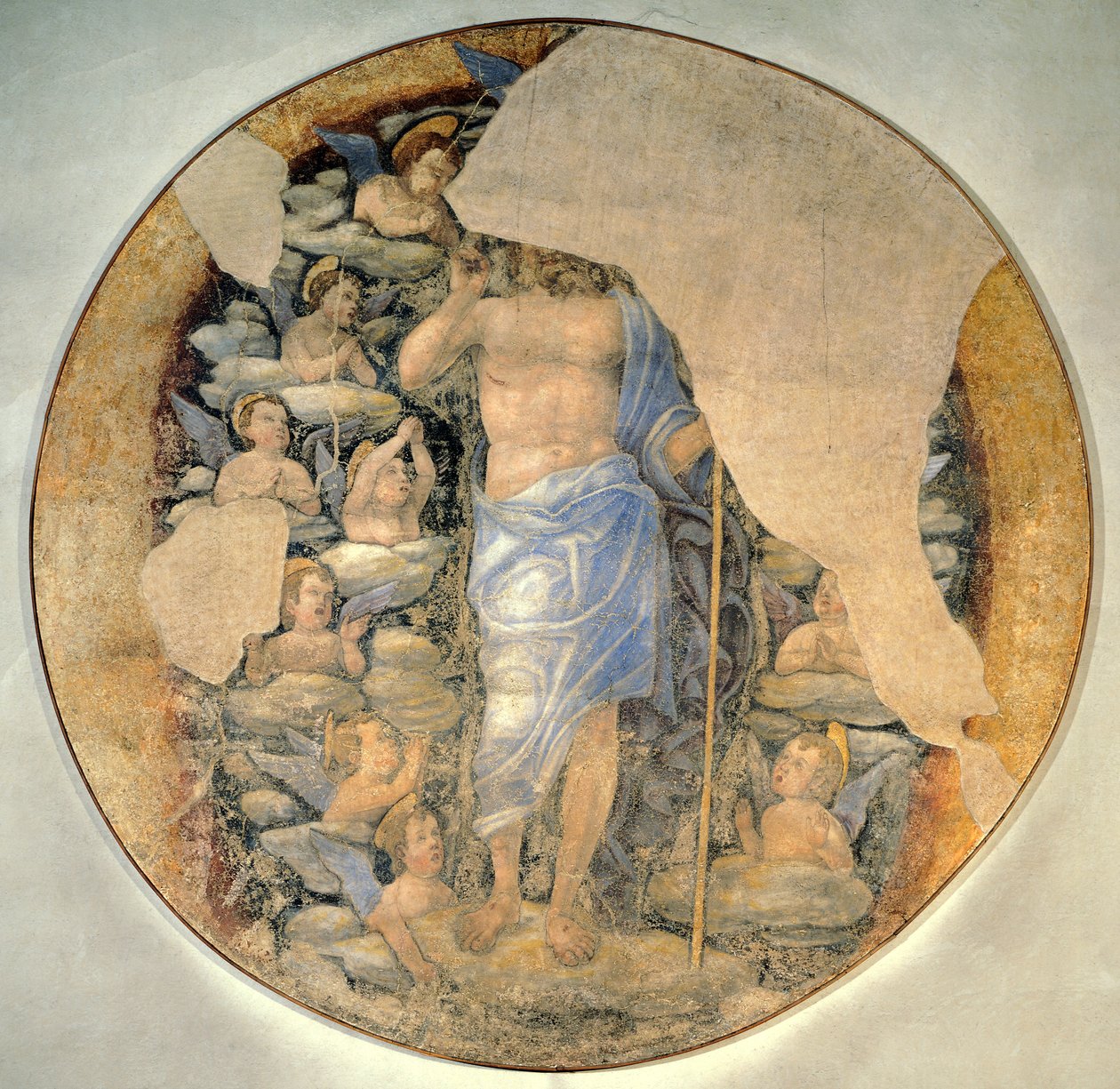 Kristus vystupující do nebe ve slávě obklopený anděly, kolem roku 1488, připisováno Andrea Mantegna (1431-1606), freska od Andrea Mantegna