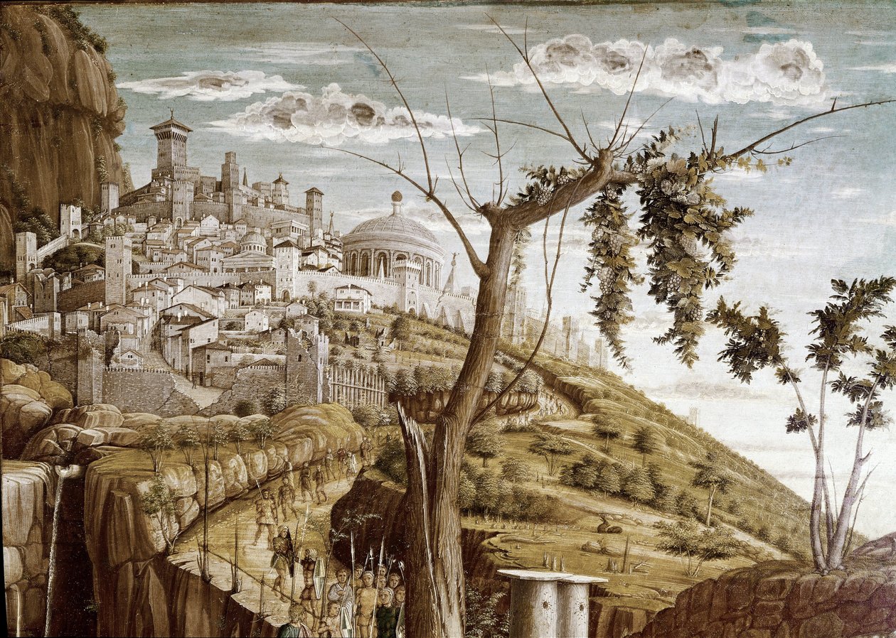 Kristus se modlí v zahradě olivovníků, levá část predelle, oltář San Zeno (tempera na dřevě, cca 1457-1460) od Andrea Mantegna