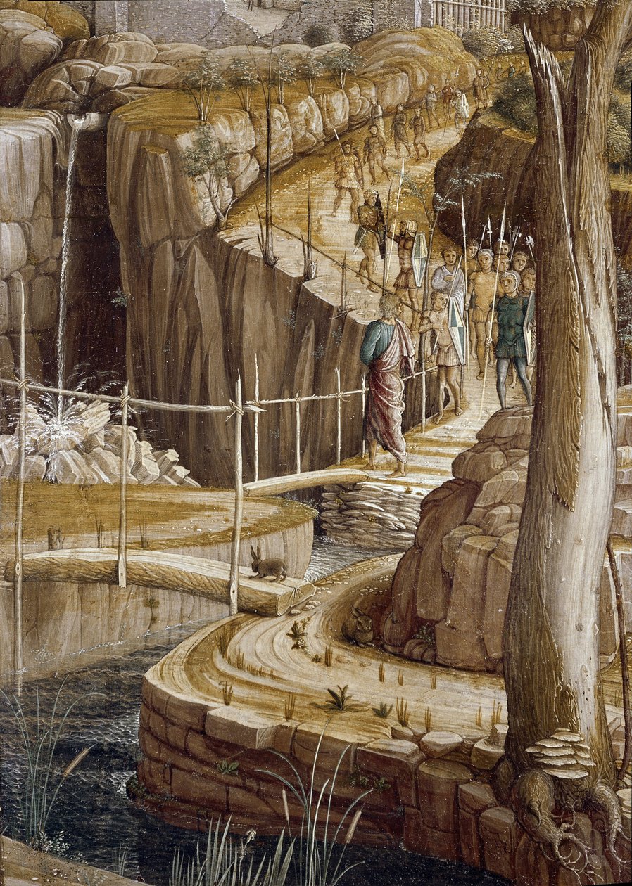 Detail „Modlitba v zahradě olivovníků“, Jidáš vede vojáky k Ježíši – Agónie v zahradě od Andrea Mantegna